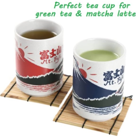 Japanese Teacups - Sushi-Yunomi w/ Bamboo Coasters (Set of 2 - Mt. Fuji) - Picture 6 of 6